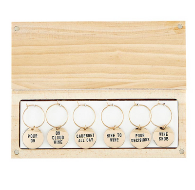 Gold Wine Charms in Pine Box Wine Tasting Daily