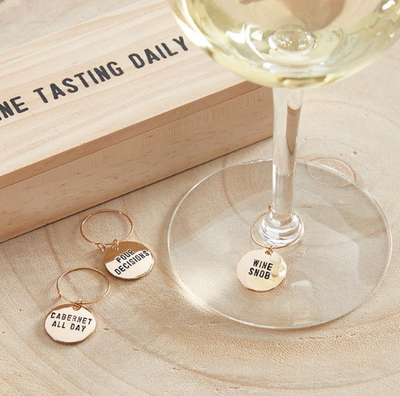 Gold Wine Charms in Pine Box Wine Tasting Daily