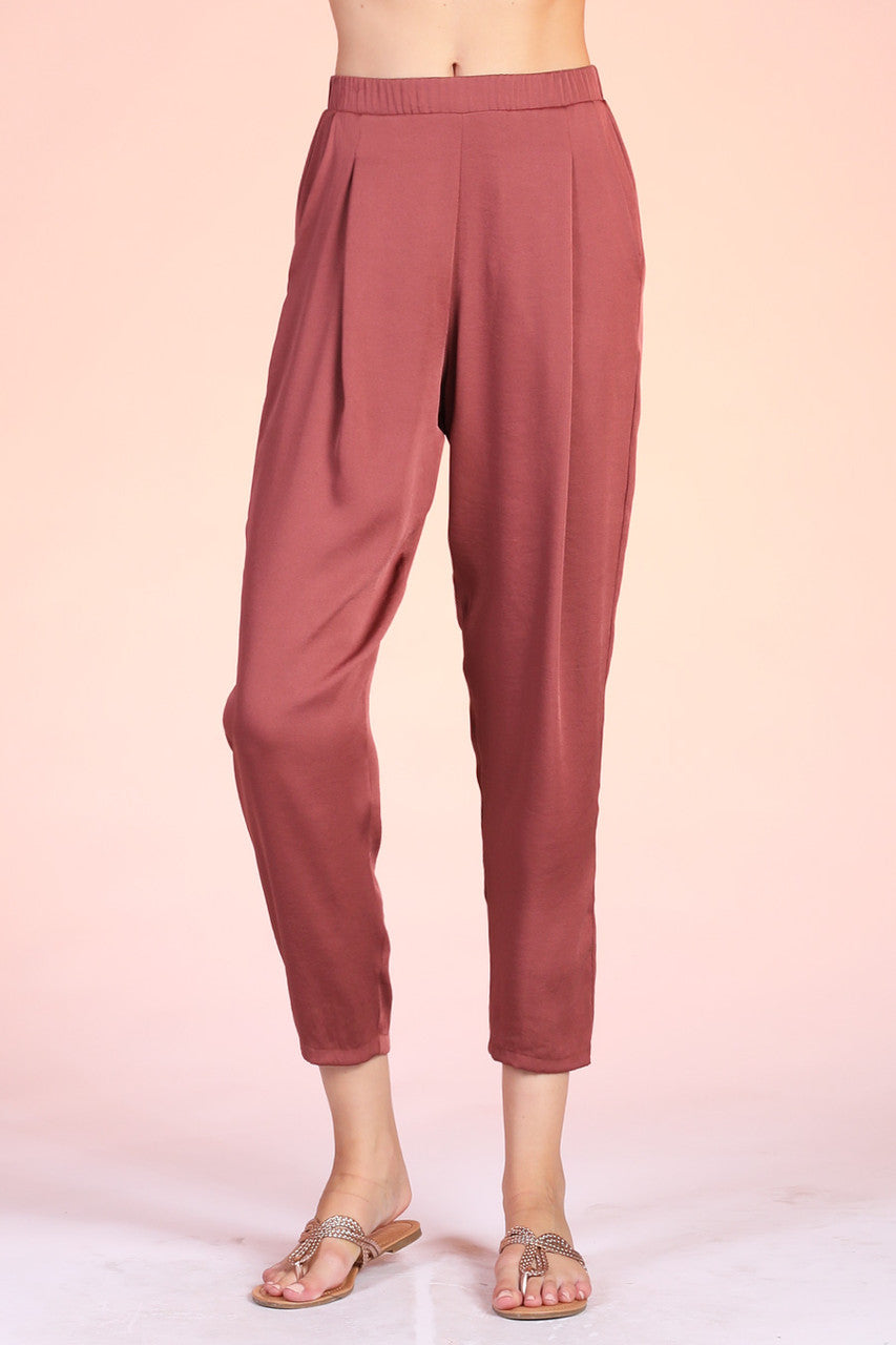 Washed Poly Silk Elastic Tapered Pant Brown