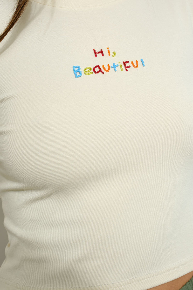 Hi Beautiful Beaded Tee Lt Yellow