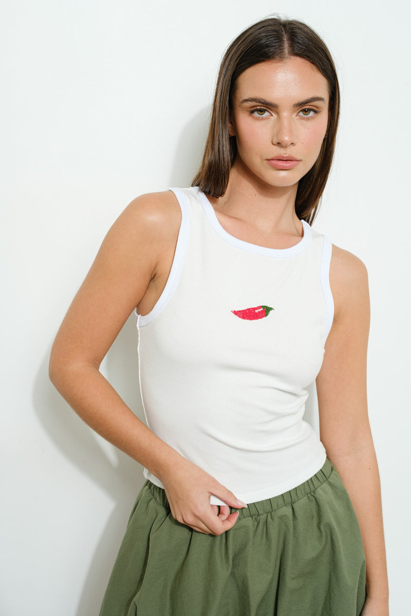 Chili Beaded Tank Off White