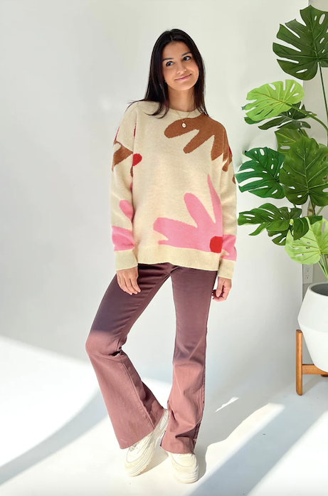 Abstract Flower Sweater Beige