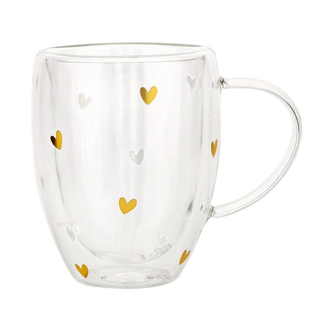 Double Wall Tea Cup with Handle Gold Foil Hearts
