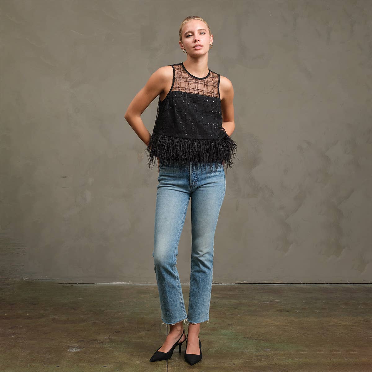 Shania Luxe Grid Feather Top Black