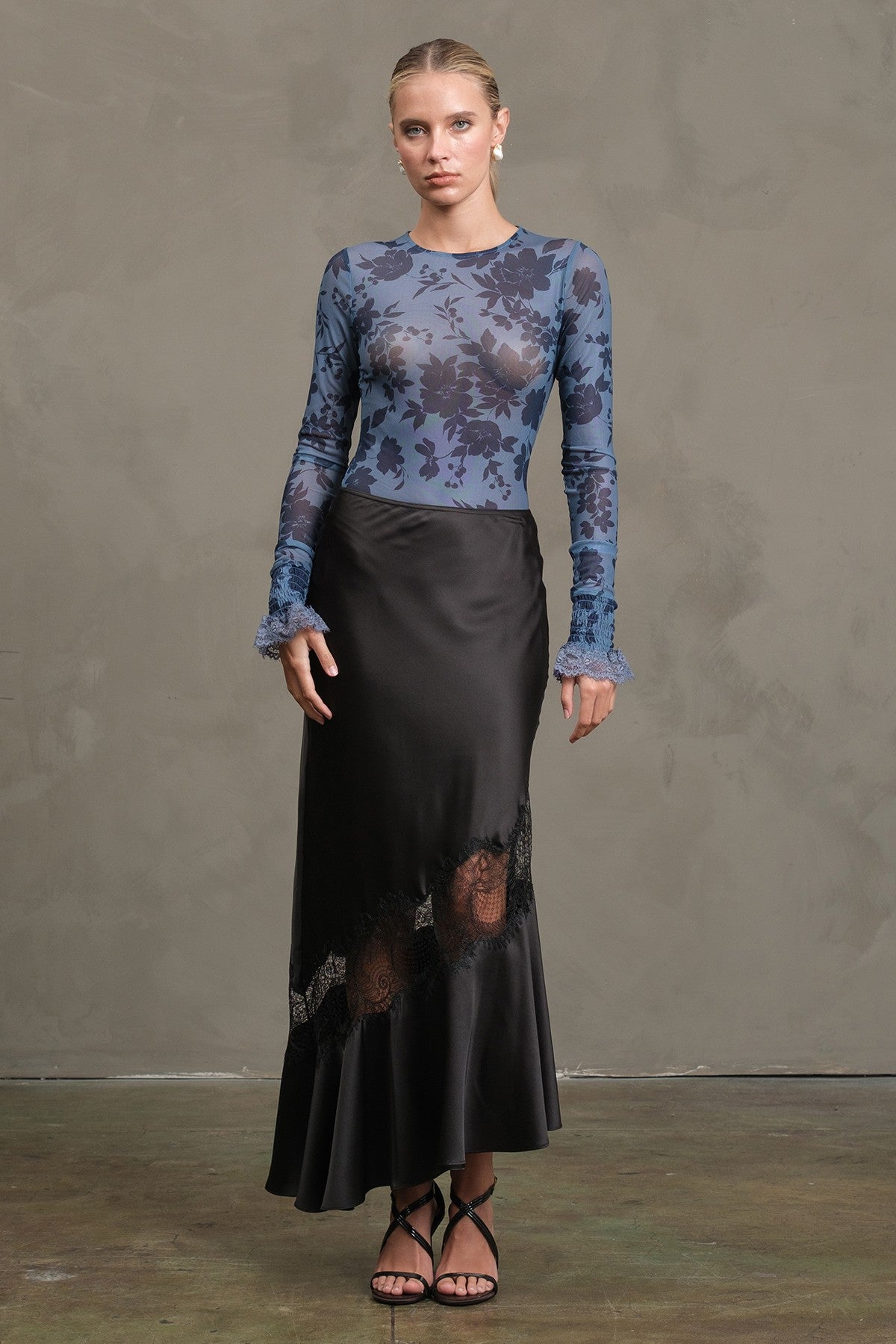 Midnight Bloom Mesh Bodysuit Blue Floral