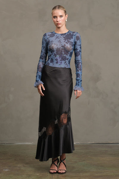 Midnight Bloom Mesh Bodysuit Blue Floral