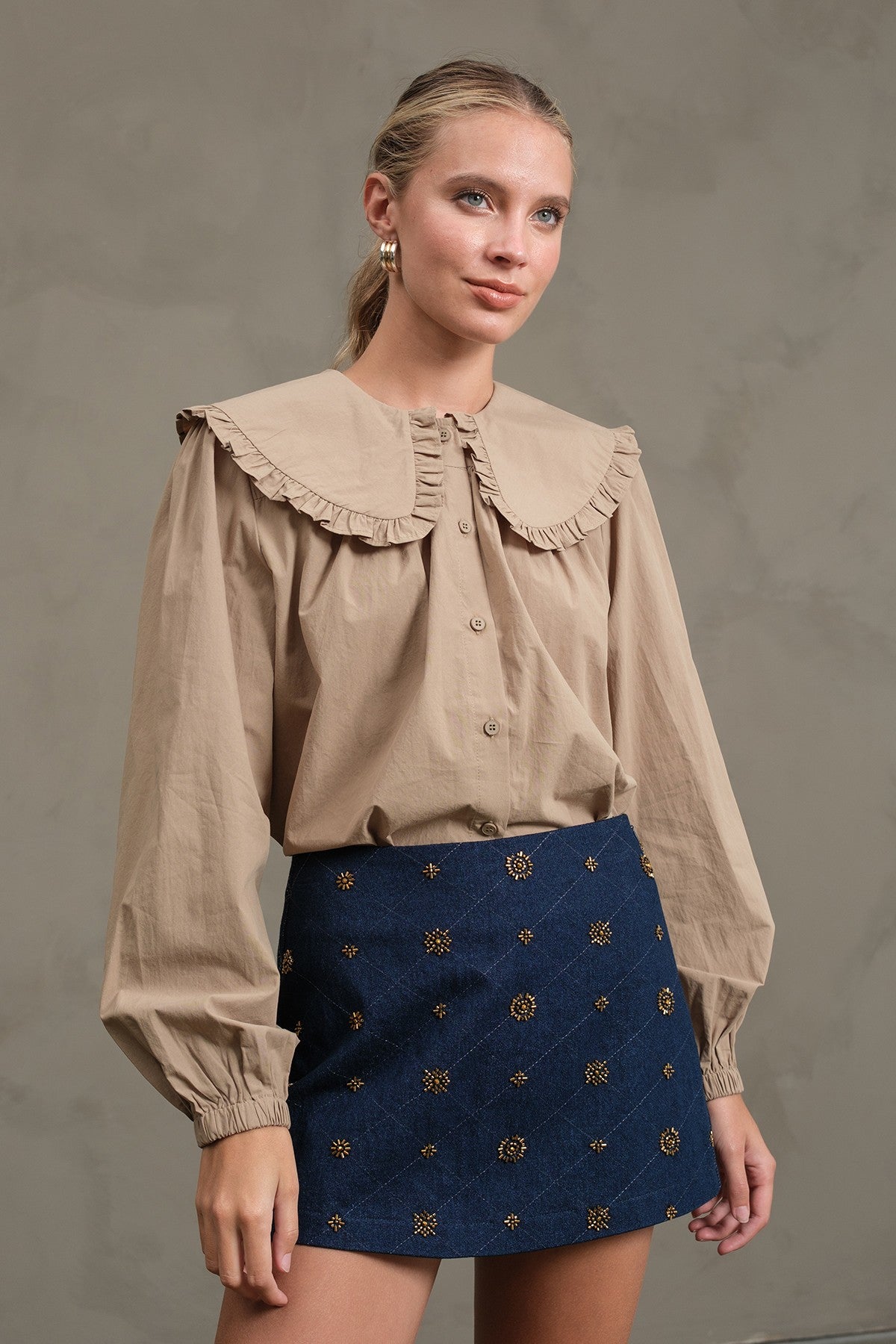 Krily Frill Collar Cotton Blouse Beige
