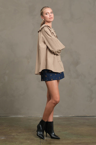 Krily Frill Collar Cotton Blouse Beige