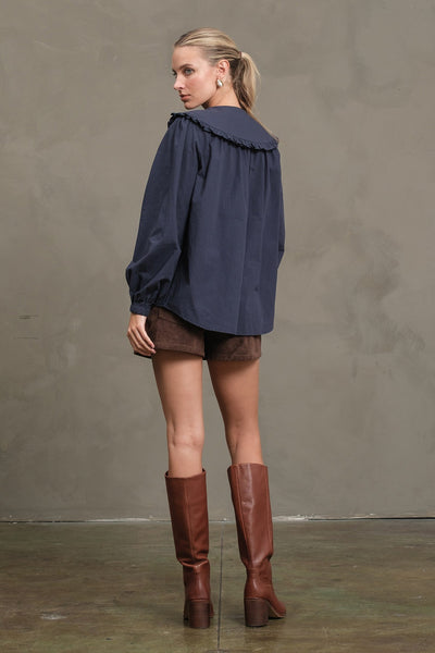 Krily Frill Collar Cotton Blouse Navy