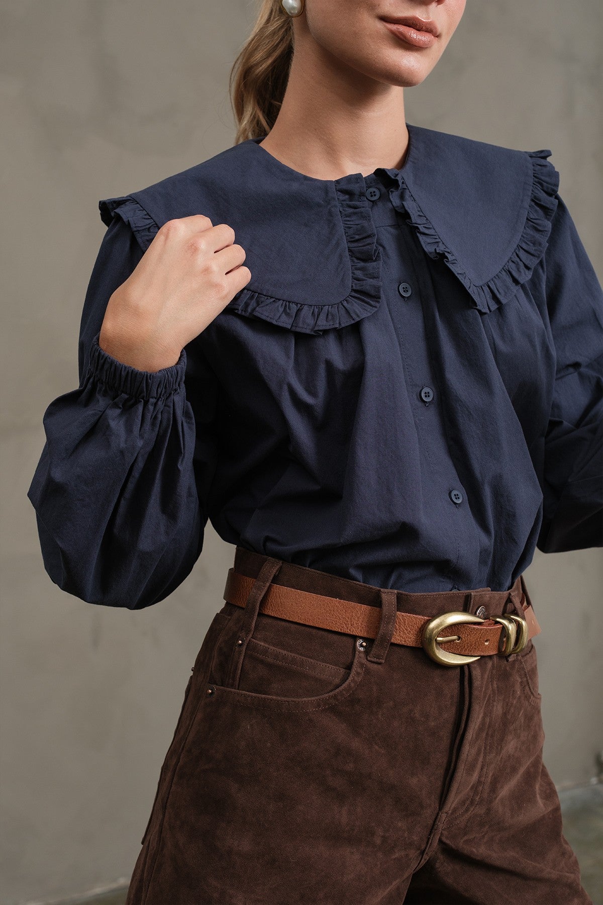 Krily Frill Collar Cotton Blouse Navy