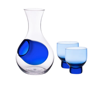 Glass Sake Bottle With Ice Pocket Blue and 2 Cups Set