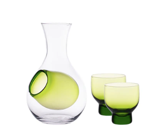 Glass Sake Bottle With Ice Pocket Green and 2 Cups Set