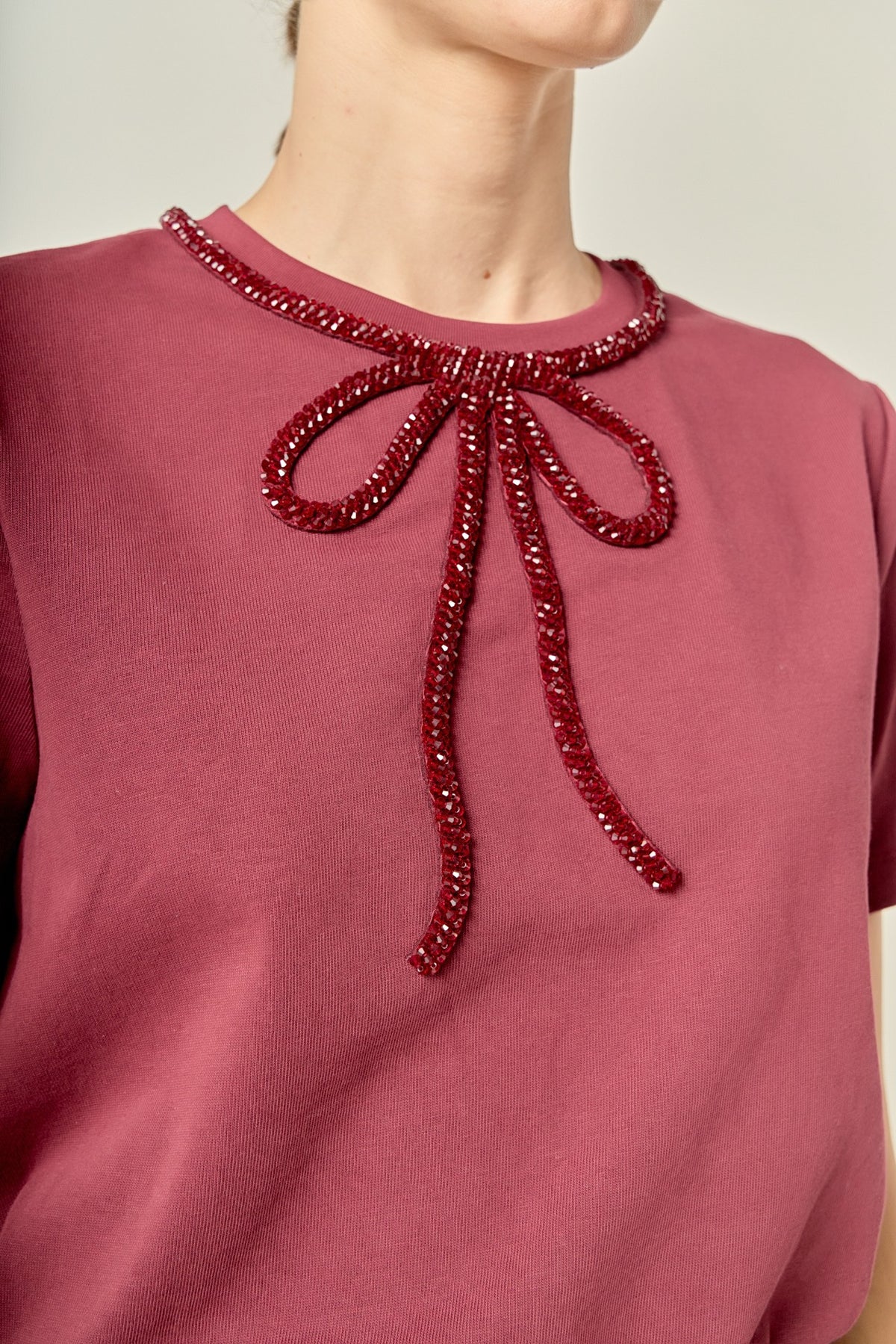 Beaded Bow T Shirt Burgundy