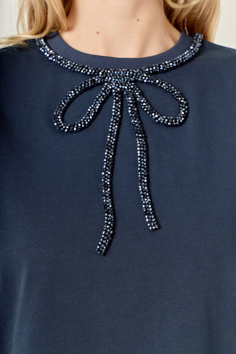Beaded Bow T Shirt Navy