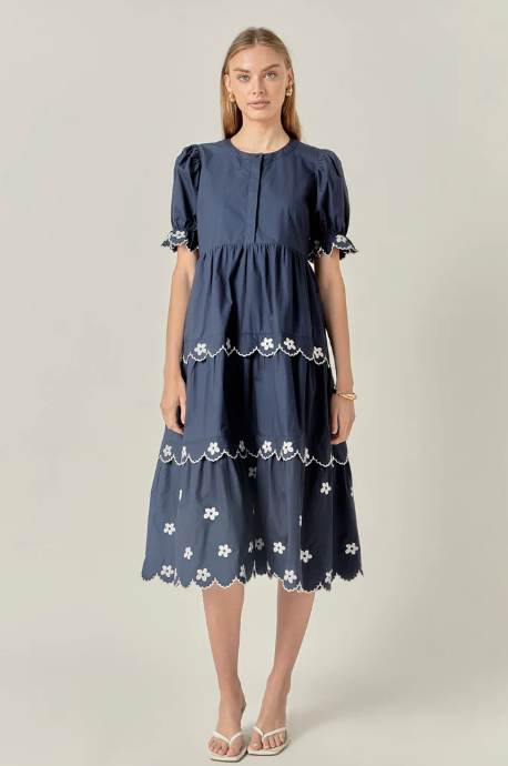Flower Midi Dress Navy