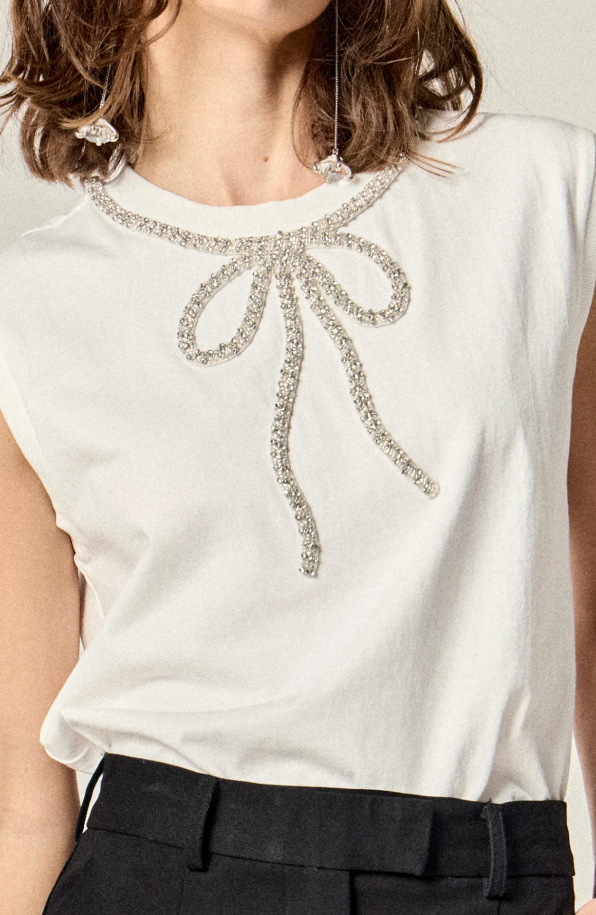 Rhinestone Bow Sleeveless Top White