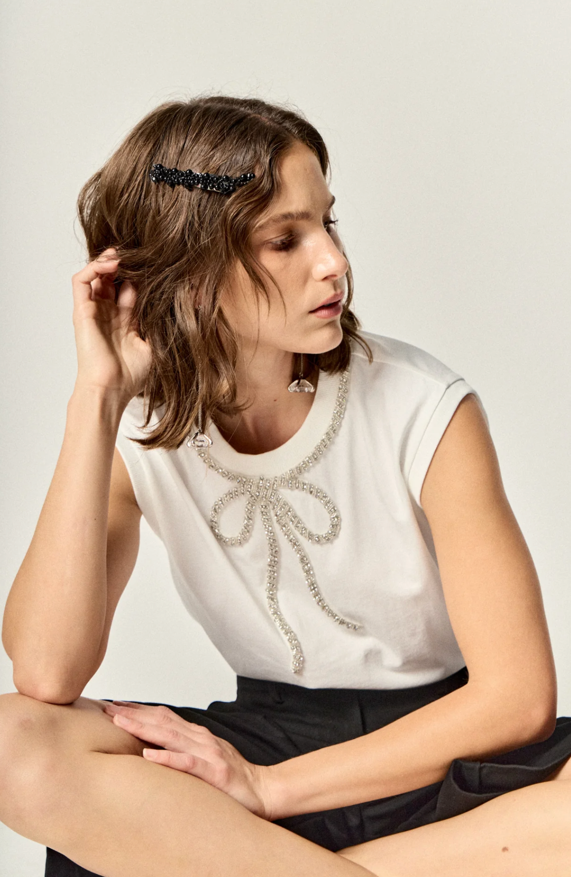 Rhinestone Bow Sleeveless Top White