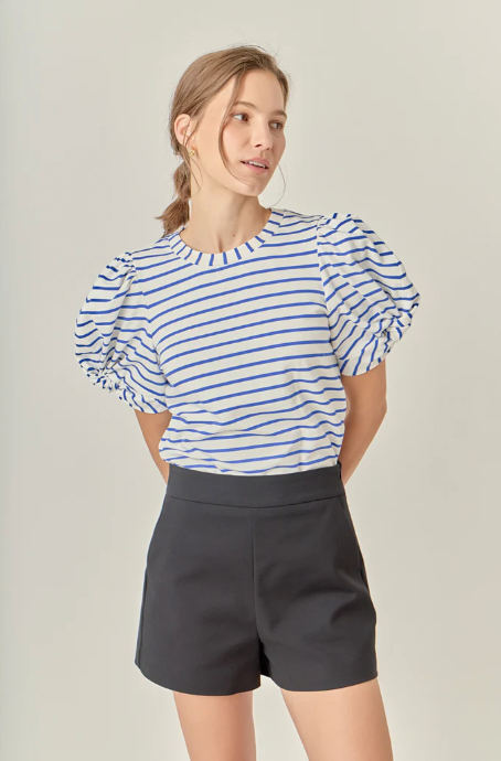 Puff Sleeve Crewneck White Blue