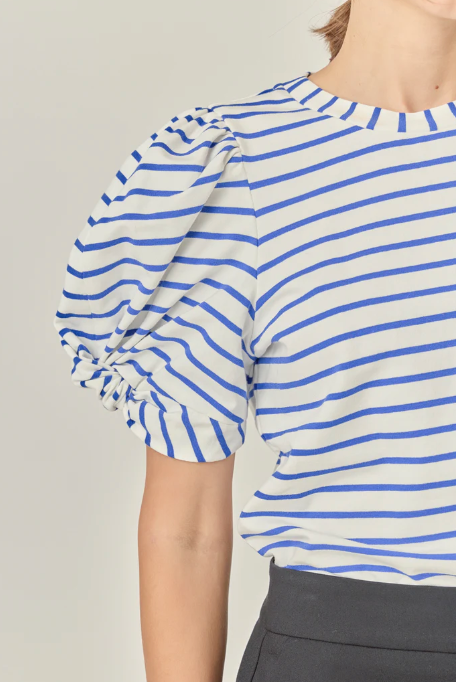 Puff Sleeve Crewneck White Blue