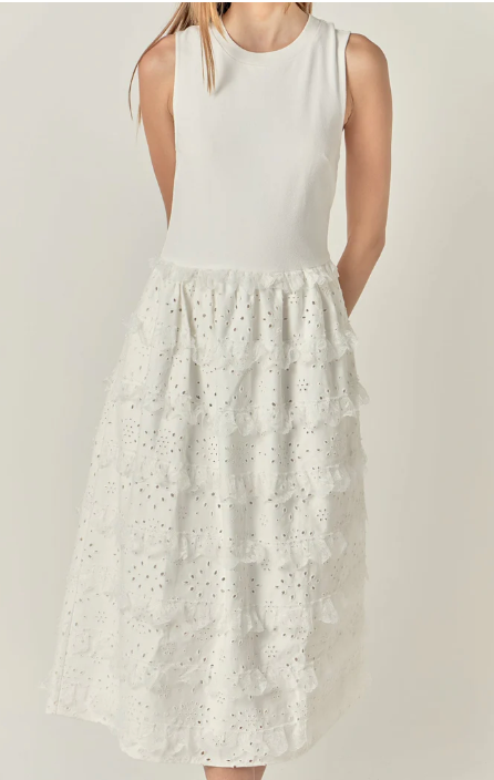 Mixed Sleeveless Midi Dress White