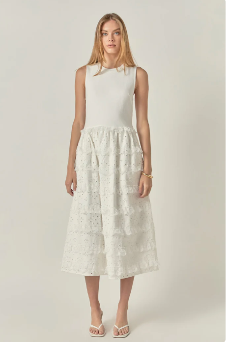 Mixed Sleeveless Midi Dress White