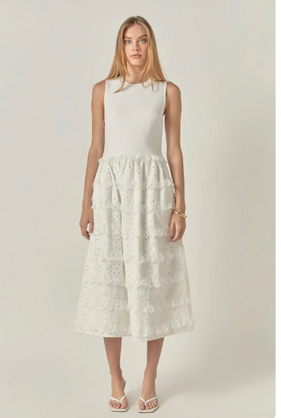 Mixed Sleeveless Midi Dress White