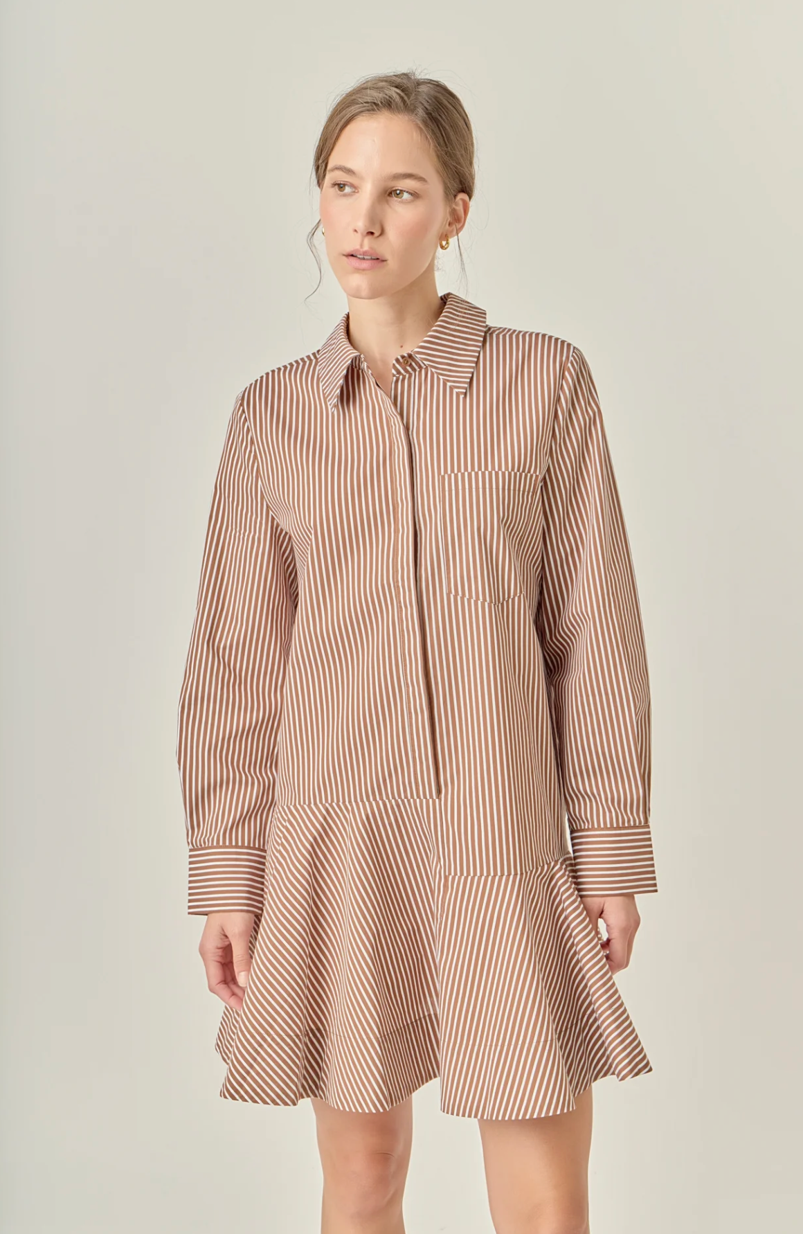 Stripe Collar Flared Skirt Dress Brown