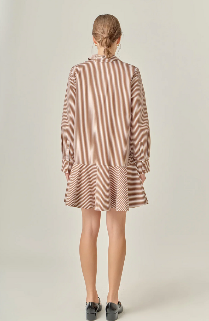 Stripe Collar Flared Skirt Dress Brown