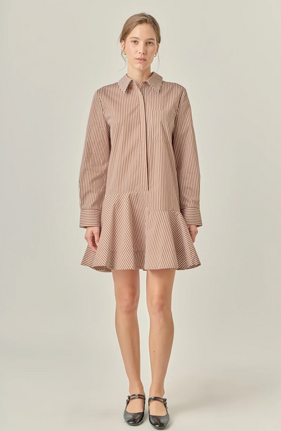 Stripe Collar Flared Skirt Dress Brown