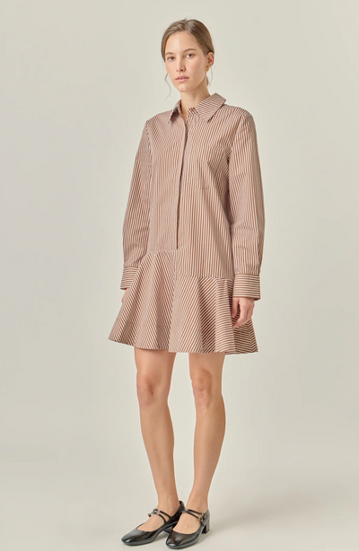 Stripe Collar Flared Skirt Dress Brown