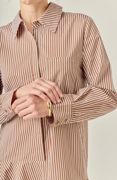 Stripe Collar Flared Skirt Dress Brown