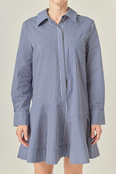 Stripe Collar Flared Skirt Dress Navy