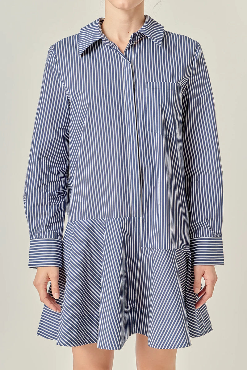 Stripe Collar Flared Skirt Dress Navy