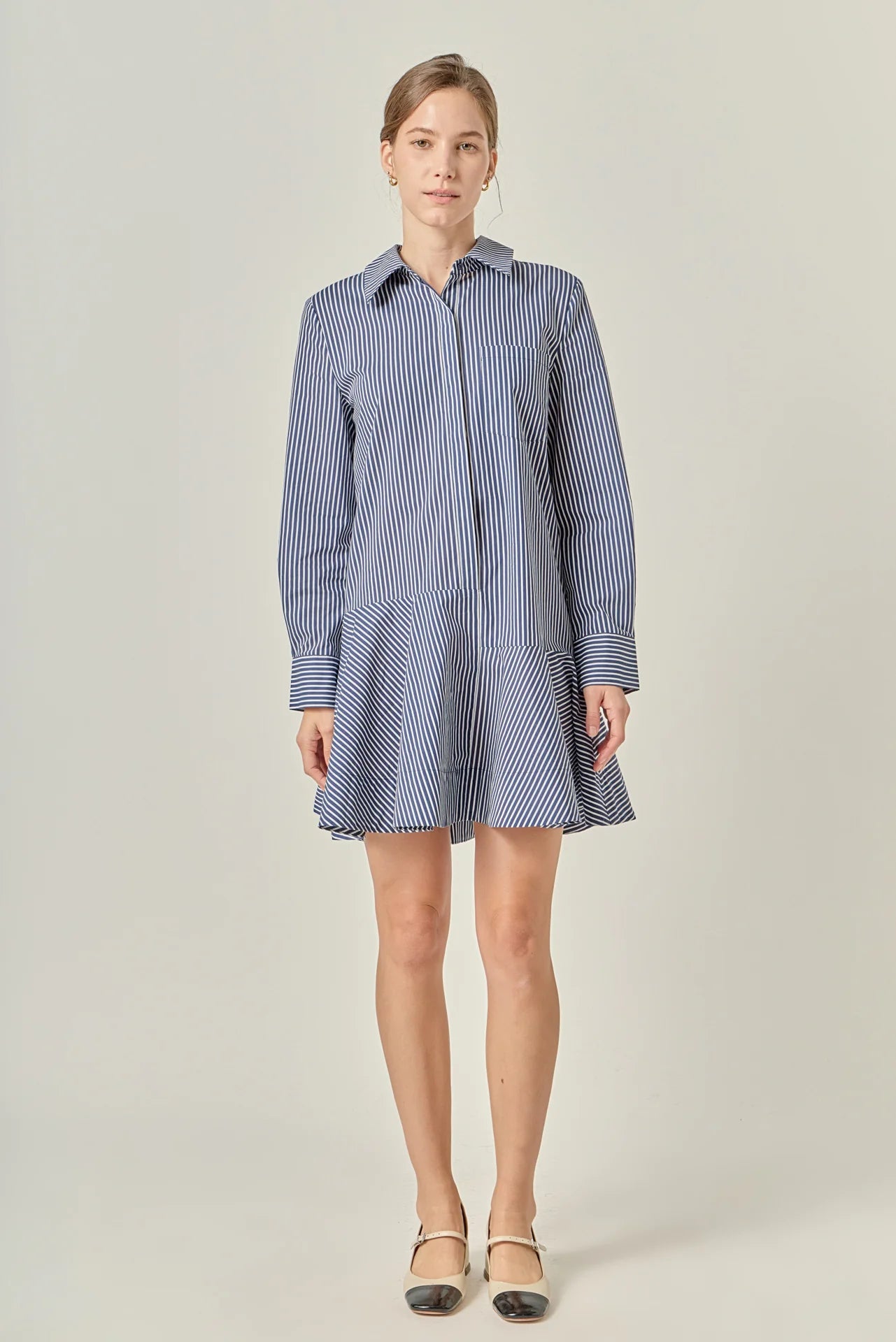 Stripe Collar Flared Skirt Dress Navy