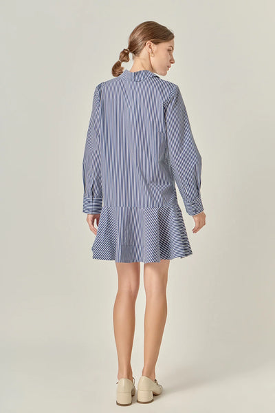Stripe Collar Flared Skirt Dress Navy