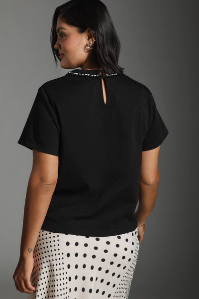 Pearl Embellished Bow TShirt Black