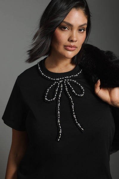 Pearl Embellished Bow TShirt Black