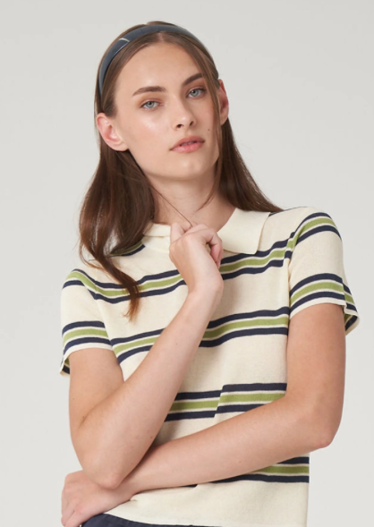 Olive Knit Polo in Green and Cream Stripe