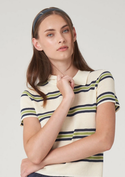 Olive Knit Polo in Green and Cream Stripe