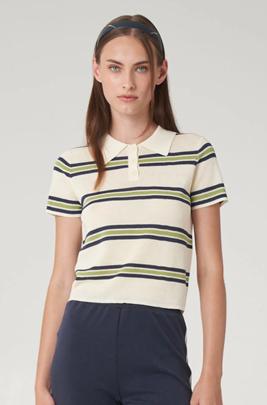 Olive Knit Polo in Green and Cream Stripe
