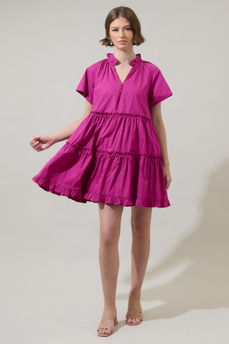 Pallas Poplin Tiered Mini Dress Magenta