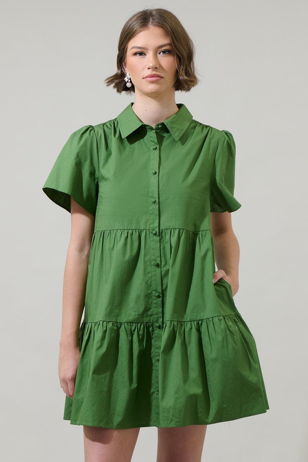 Xia Poplin Tiered Mini Dress Olive