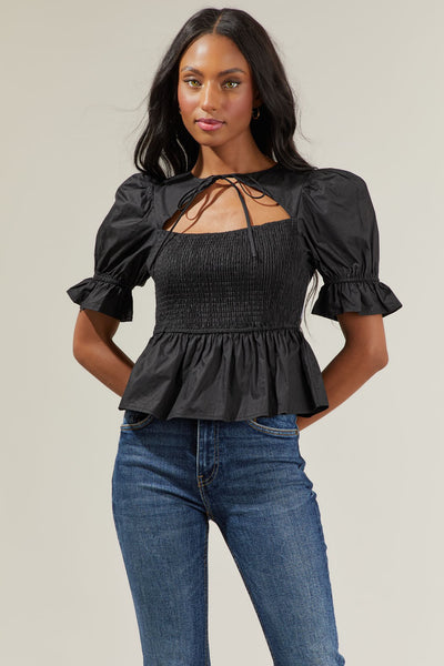 Chelsa Peplum Smocked Top Black