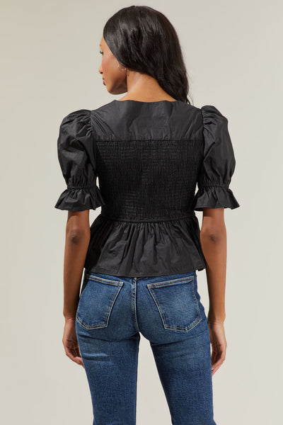 Chelsa Peplum Smocked Top Black