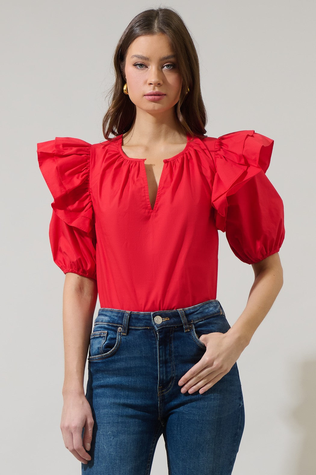 Flores Poplin Ruffle Short Sleeve Top Red