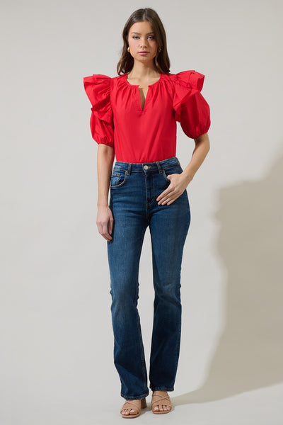 Flores Poplin Ruffle Short Sleeve Top Red