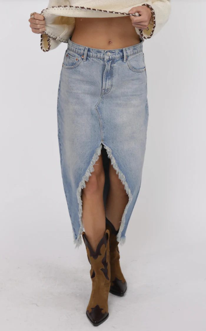 The Range Distressed Midi Skirt Denim
