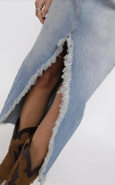 The Range Distressed Midi Skirt Denim