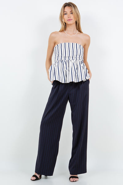 Striped Balloon Hem Top White Blue