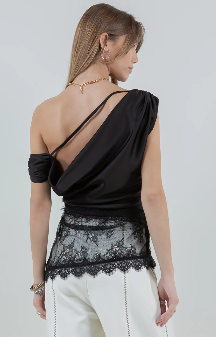 Asymmetrical One Shoulder Satin Black
